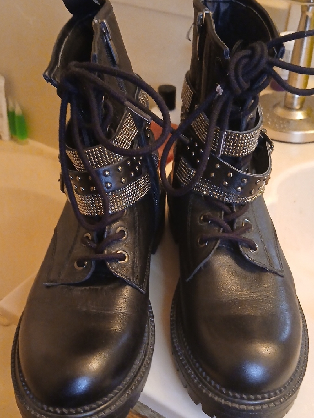 Steve Madden Black Studded Combat Boots, Sz.7